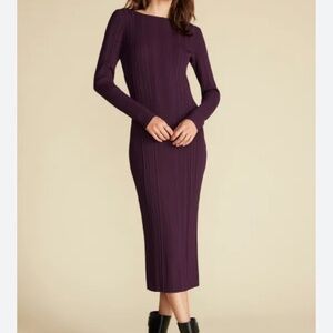 NWT Amour Vert Dress Chantae Fig Fitted Midi Dress Ribbed Long Sleeve Deep Plum